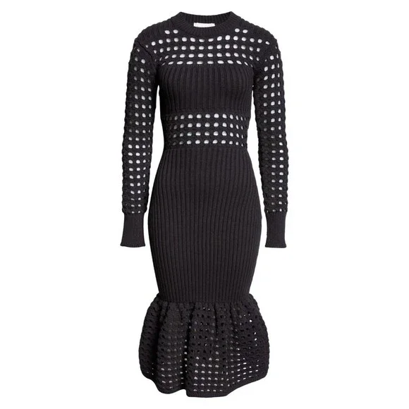 knee length dresses for ladies Alexander McQueen - Long Sleeve Long Black Gown with High Slit
